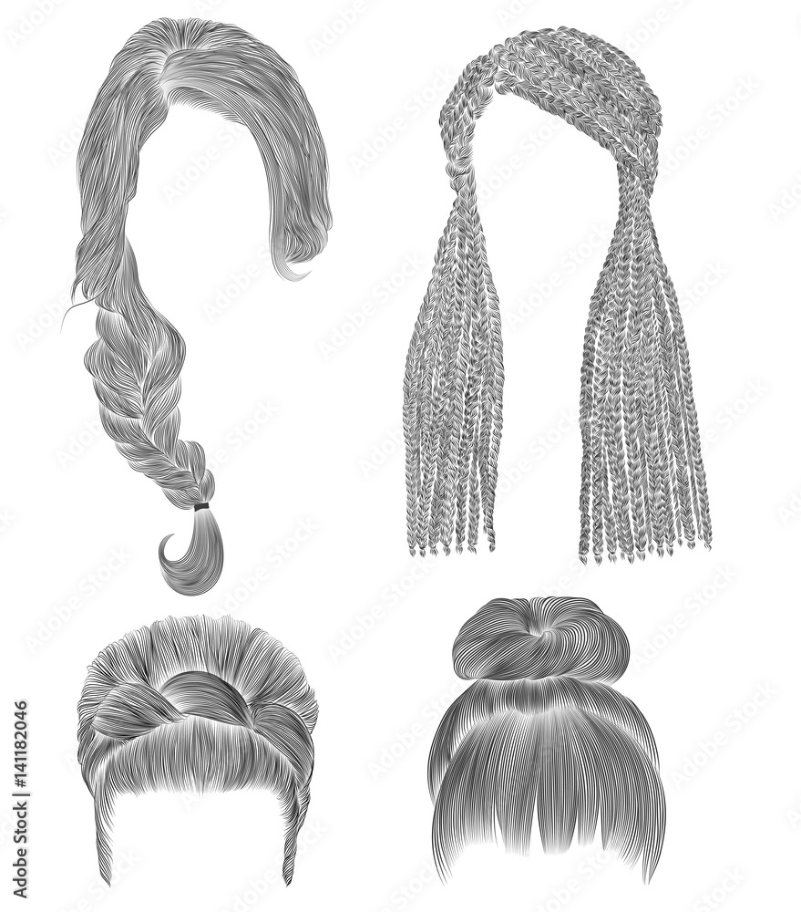 set woman hairs . black pencil drawing sketch . bun babette with fringe   fashion beauty style. african cornrows . Stock Vector |  Adobe Stock