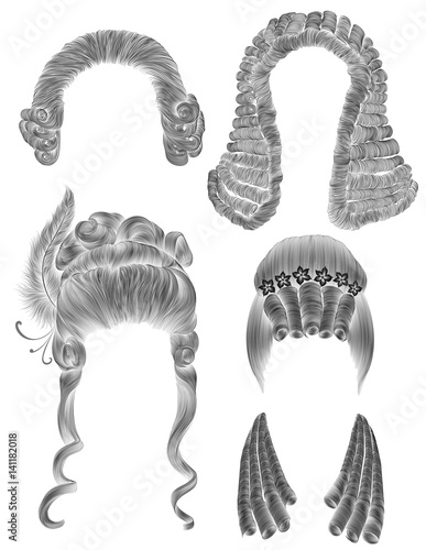 set woman and man hairs  . black  pencil drawing sketch .
medieval style rococo baroque . wig   curls hairstyle 
