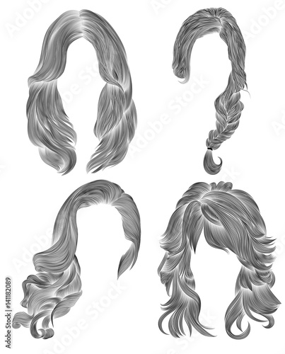 set long woman hairs  . black  pencil drawing sketch .
 women fashion beauty style.  fringe curls cascade  plait.