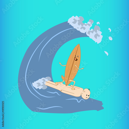 A surfboard animated sliding on a wave on a man, vector illustration