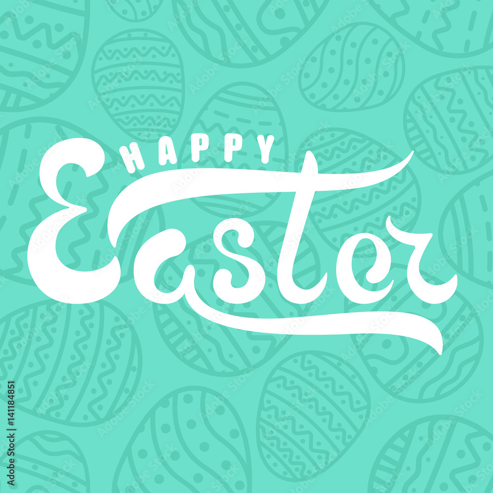Fototapeta premium Handwritten lettering happy easter on background jade easter egg with ornament