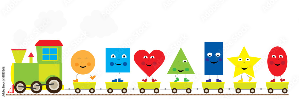 The train with funny dancing basic geometric shapes/ educational illustration for children