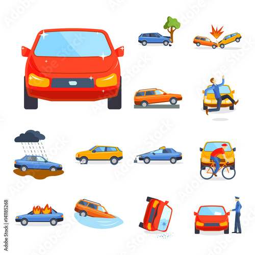 Car crash collision traffic insurance safety automobile emergency disaster and emergency disaster speed repair transport vector illustration.