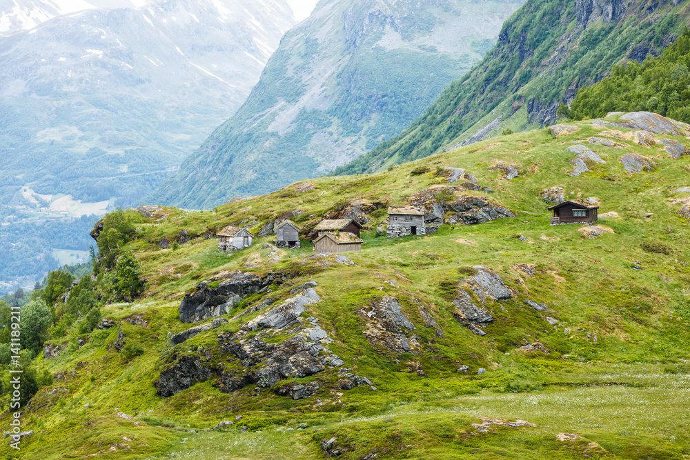 Norwegian old country houses in mountains.