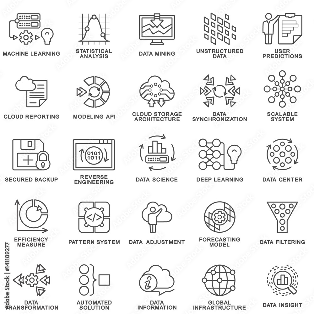 Modern contour icons database processing methods of data.  Data science technology, machine learning process. Data insight, transformation, scalable, modeling API, pattern system. Thin contour lines.
