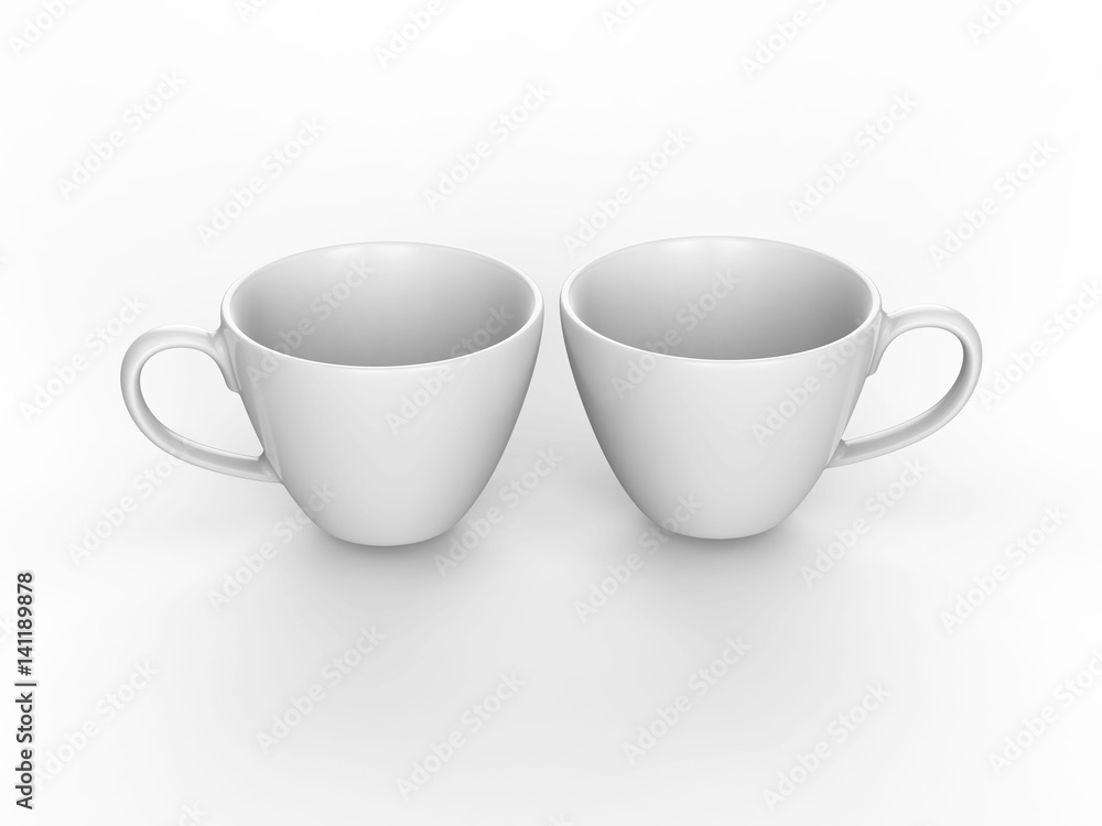 3D illustration two white cup and saucer