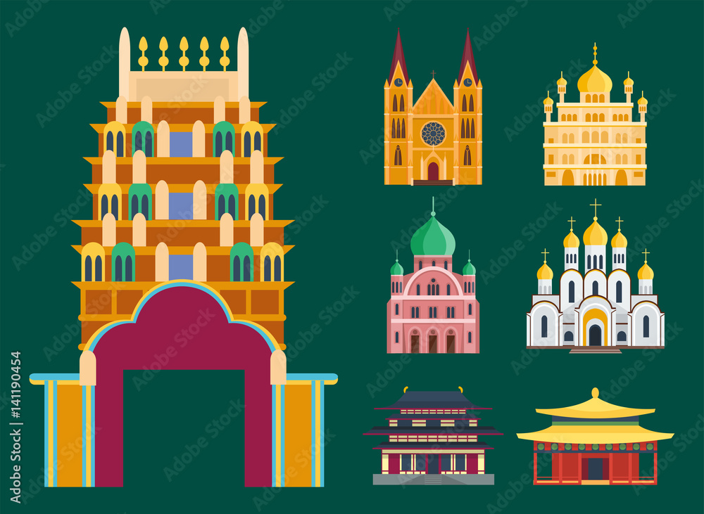 Fototapeta premium Cathedral churche temple building landmark tourism world religions and famous structure traditional city ancient old tower vector illustration.