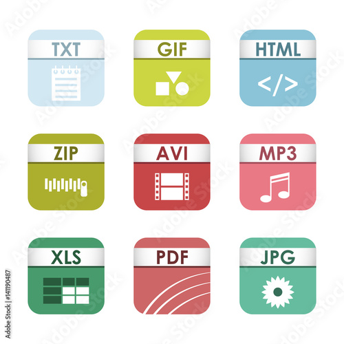 Free Download Simple square file types formats labels icon set presentation document symbol and audio extension graphic multimedia sign vector illustration. - GFXLoad