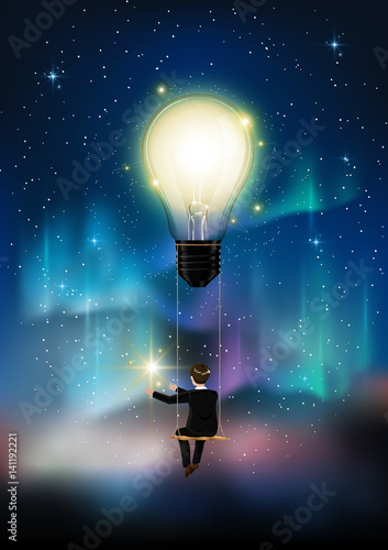 Glowing light bulb is among a lot of stars on aurora blue sky, business man on rope swing reach star, Representation of creative business idea concept, Vector