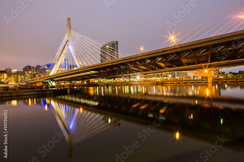 Boston Leonard P. Zakim Bunker Hill Memorial Bridge at night in Bunker Hill Massachusetts, USA.