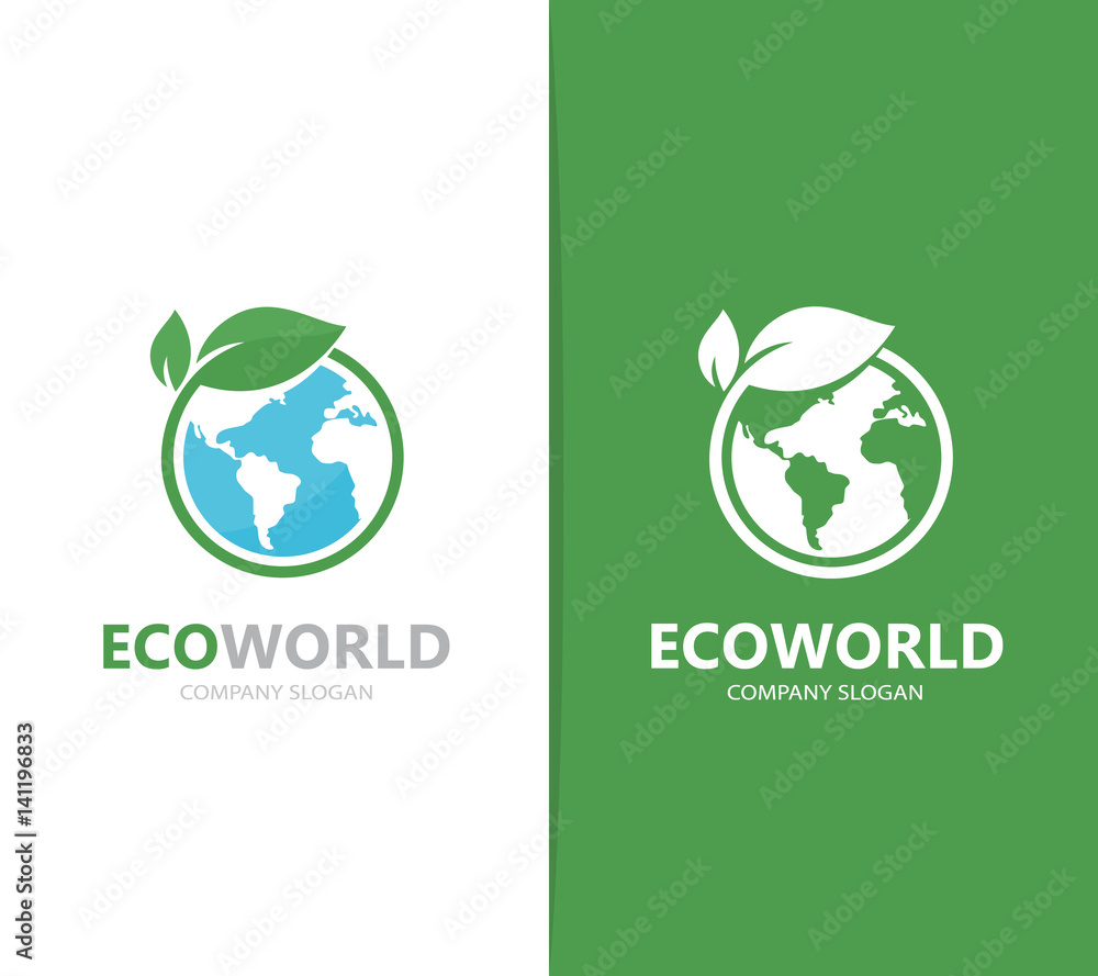 Fototapeta premium Wektor kombinacji logo ziemi i liści. Symbol planety i eko lub ikona. Unikalny globalny i naturalny szablon projektu logotypu organicznego.