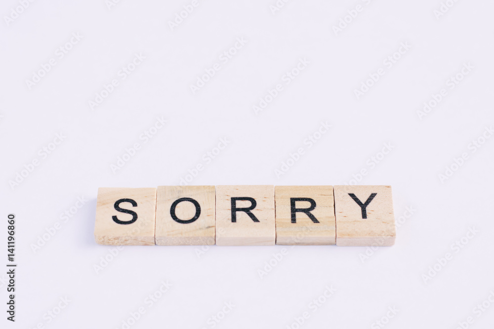 Text wooden blocks spelling the word sorry on white background Text wooden blocks spelling the word sorry on white background
