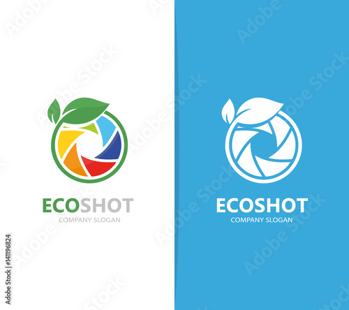 Vector of a camera shutter and leaf logo combination. Photography and eco symbol or icon. Unique photo and natural, organic logotype design template.