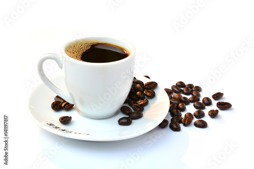 coffee beans and coffee cup isolated on white background