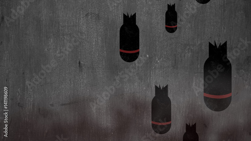 Dropping bombs over smoky background with space for your logo or text. Grunge illustration of war torpedo background, cartoon Stop War Concept.