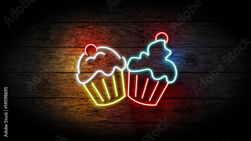 Realistic 3D illustration of Neon Cupcakes sign on grunge wooden wall with copy space, food and drinks sign, fast food and health care concept. bakery neon sign.