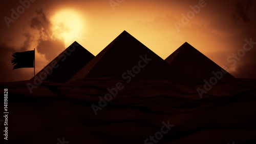 Realistic 3D illustration sun set in the desert, Big sun and some clouds with behind The Pyramids of Giza. Desert Background. the evening time over the Pyramids in Egypt.