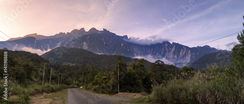 Panorama of Mount Kinabalu from a secluded road. Face of after quake shot in 2016. photo