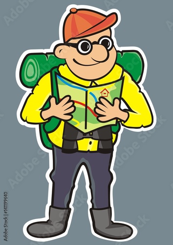 Tourist and tourist guide. Vector icon. White outline. Man with rucksack, binoculars and map.