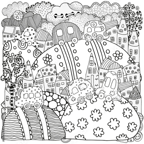 Pattern for coloring book with houses and cars.