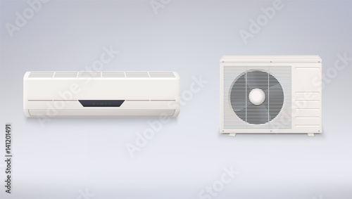 Air conditioning, electronic appliance to clean, freshen and circulate air white color indoor and outdoor units. 3D icons on a white background