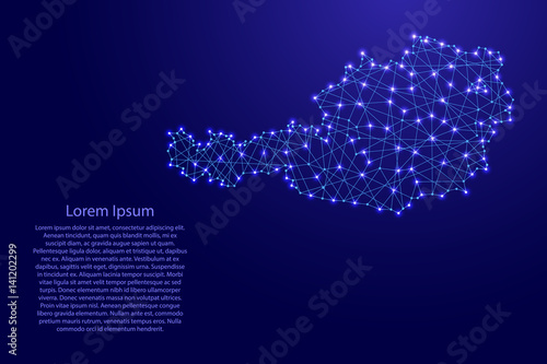 Map of Austria from polygonal blue lines and glowing stars vector illustration