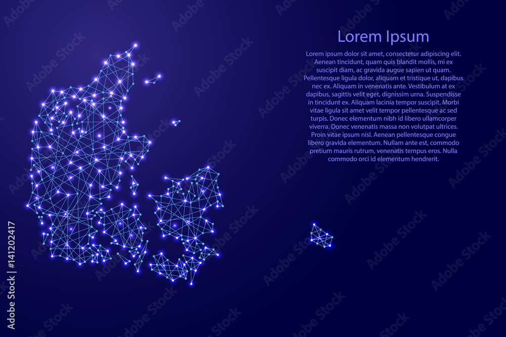 Map of Denmark from polygonal blue lines and glowing stars vector illustration