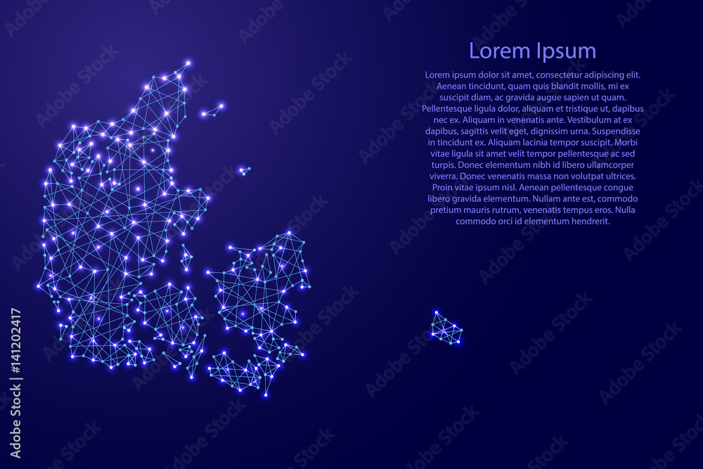 Map of Denmark from polygonal blue lines and glowing stars vector ...