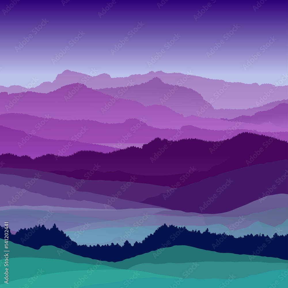 Flat night landscape illustration. Beautiful hills, vector design