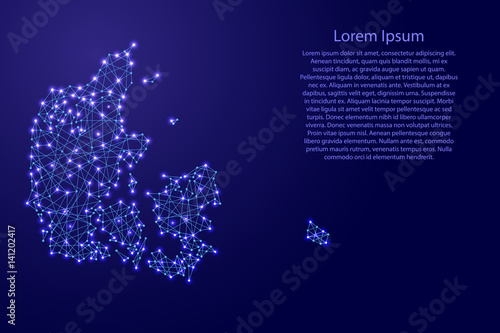 Map of Denmark from polygonal blue lines and glowing stars vector illustration