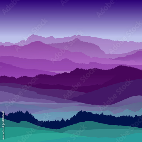 Fototapeta Naklejka Na Ścianę i Meble -  Flat night landscape illustration. Beautiful hills, vector design