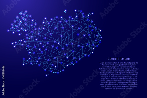 Map of Iceland from polygonal blue lines and glowing stars vector illustration