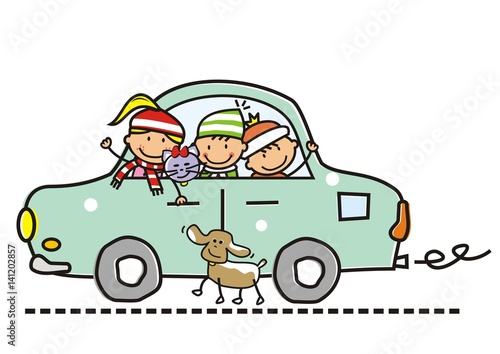 children in car, winter theme, vector icon