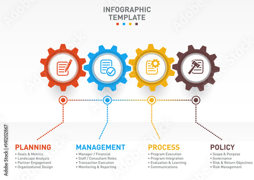 Vector business and industry gear style circle infographic for graphs, charts, diagrams with 4 options, parts, steps.