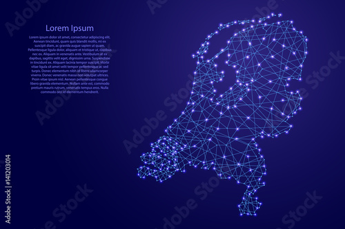 Map of Netherlands from polygonal blue lines and glowing stars vector illustration