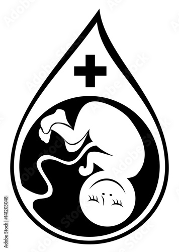 Black and white symbol of the baby is in the mother's belly. Icon of the drop giving life. Health care. Vector image.