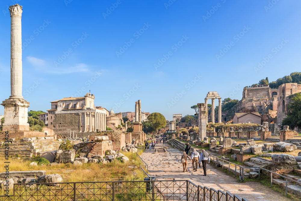 Rome, Italy. Ruins of Roman Forum: Column of Phocas, Temple of Antoninus and Faustina, Honorary Columns, Sacred Road, Temple of Vesta, Arch of Titus, Temple of Castor and Pollux