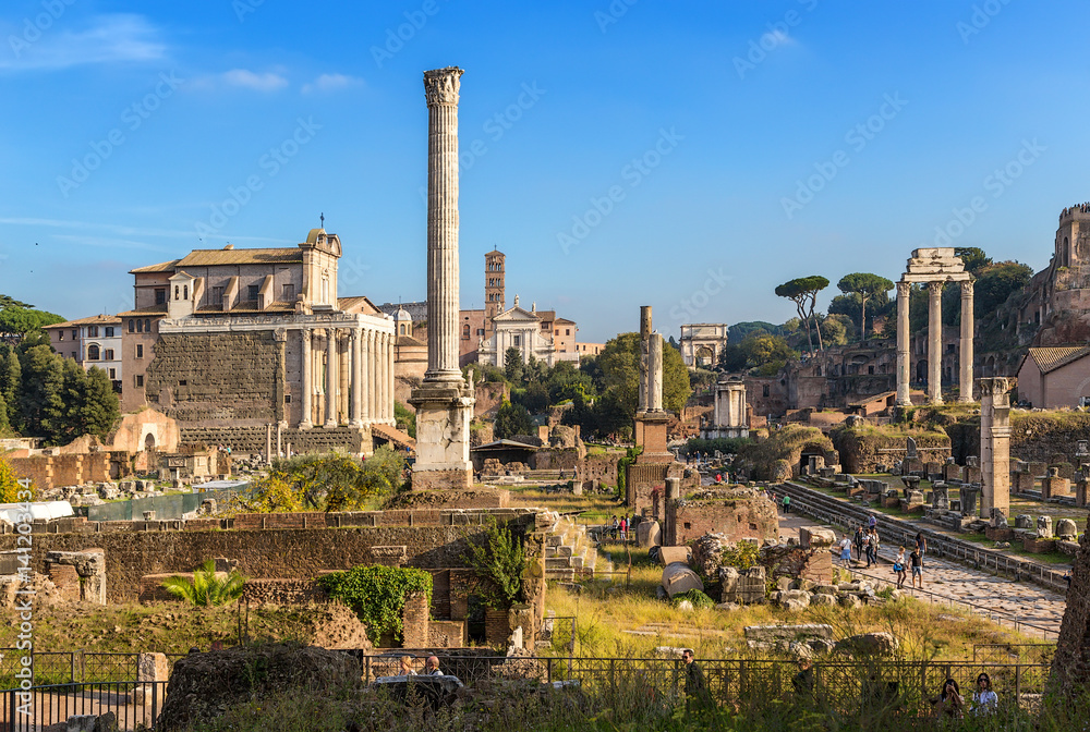 Rome, Italy. Ruins of Roman Forum: Temple of Antoninus and Faustina, Column of Phocas, Honor Columns, Sacred Road, Temple of Vesta, Arch of Titus, Temple of Castor and Pollux