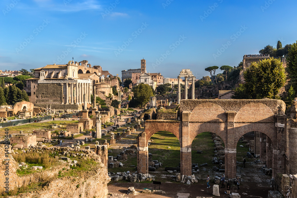 Rome, Italy. Ruins of the Roman Forum: the temple of Antoninus and Faustina, the Honorary Columns, the Sacred Road, the Church of Castor and Pollux, the Basilica of Julius