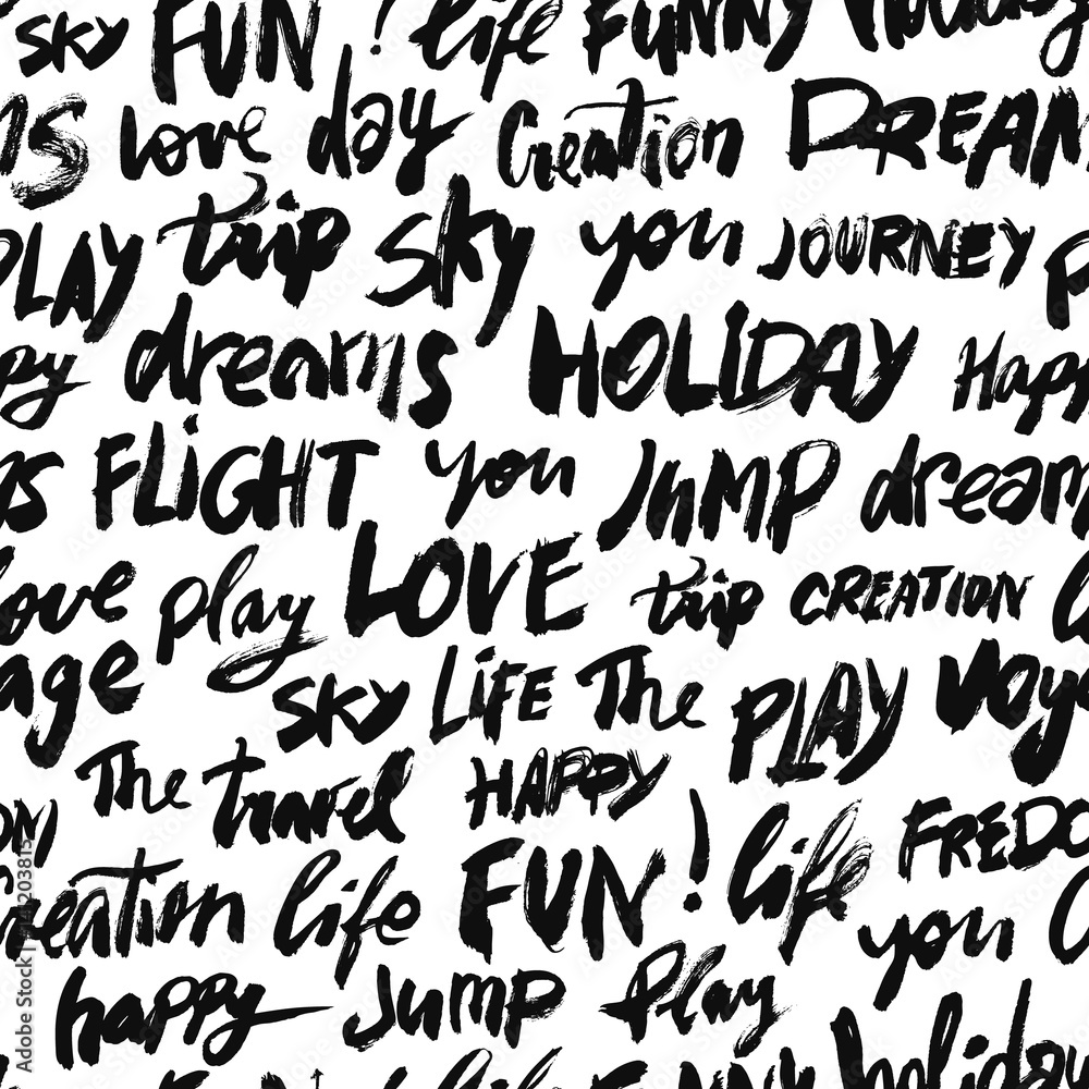 Seamless pattern with words love, fun, sky, travel, holiday and other