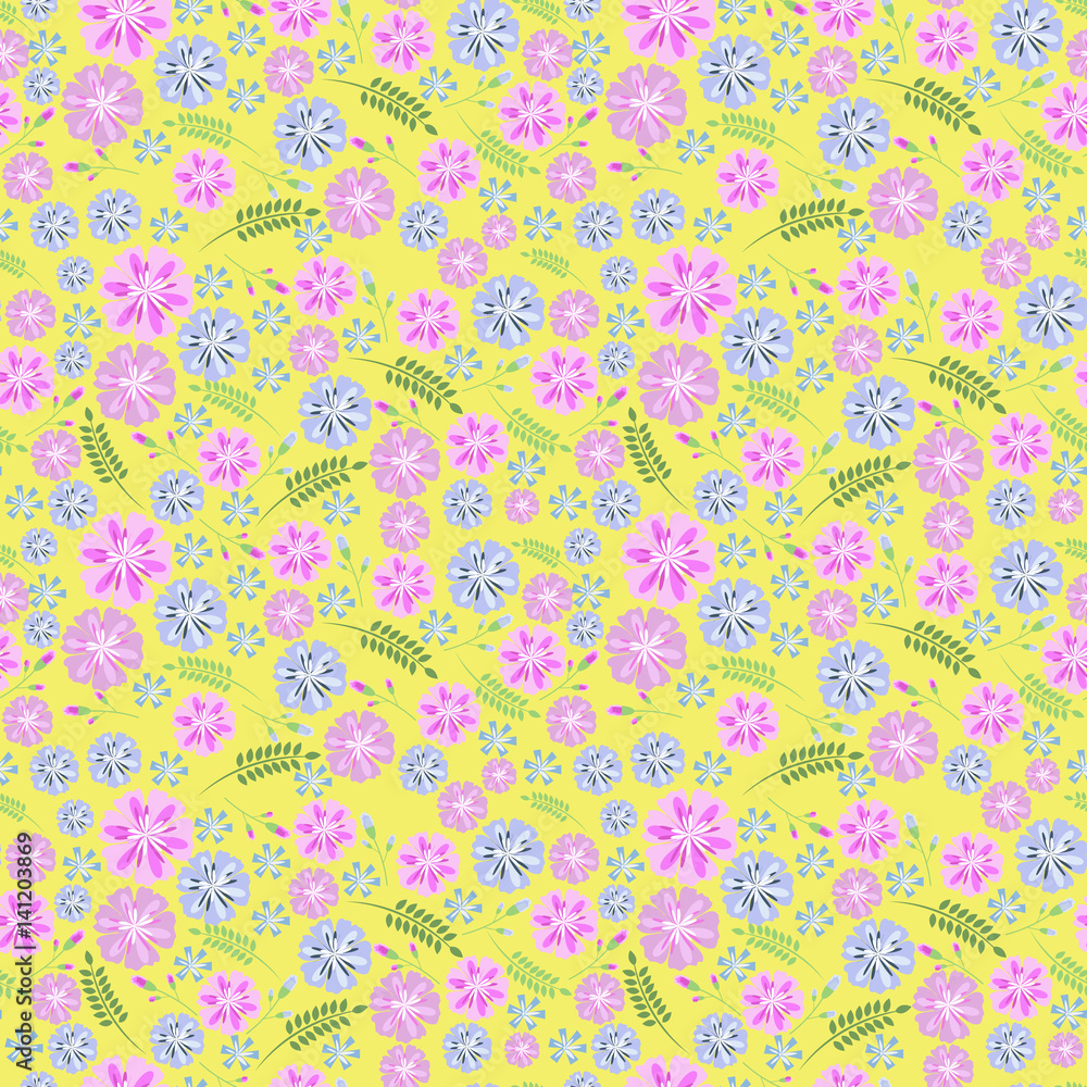 A drawing in a small flower on a yellow background.Millefleurs. Style of Freedom. Floral seamless background for textile or books covers, production, wallpaper,printing gift wrapping and scrapbooking.