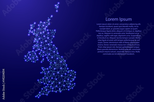 Map of United Kingdom from polygonal blue lines and glowing stars vector illustration