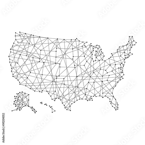 Map of USA from polygonal black lines and dots of vector illustration