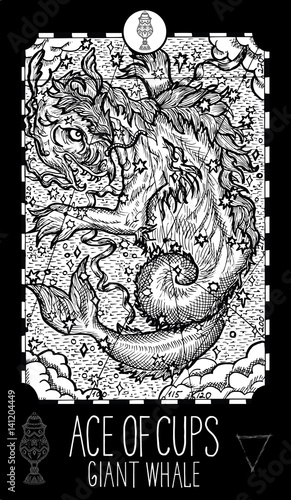 Ace of Cups. Giant Whale. Minor Arcana Tarot card. Engraved vector illustration. See all collection in my portfolio set