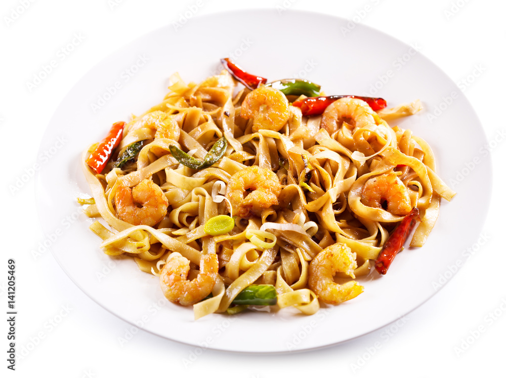 plate of stir fried noodles with shrimps and vegetables plate of stir fried noodles with shrimps and vegetables