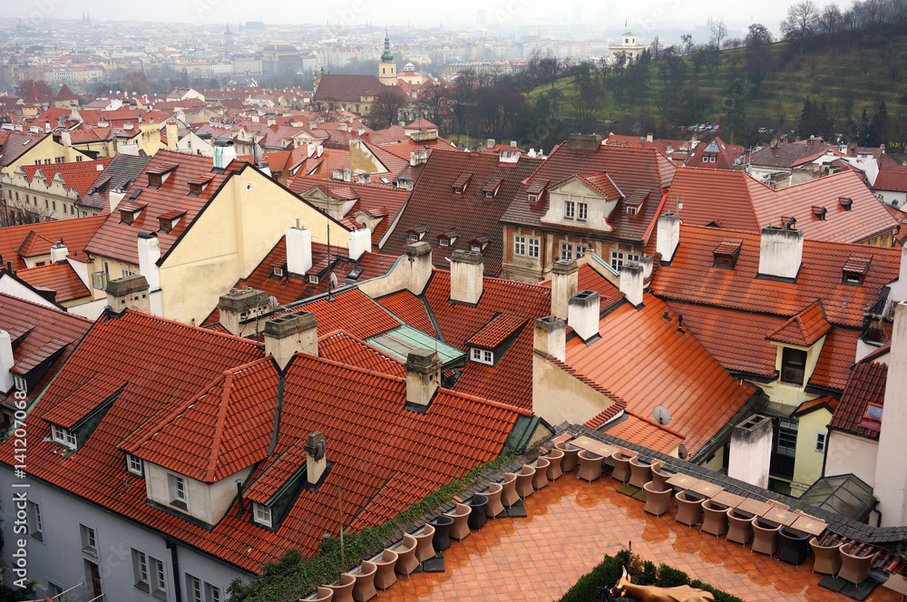 Prague roofs after rain