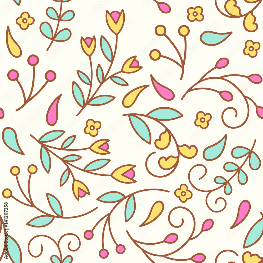 Tiny line flowers. Seamless pattern with colorful floral elements.