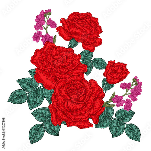 Red roses and wild flowers and leaves in vintage style. Hand drawn botanical vector illustration. Floral design elements