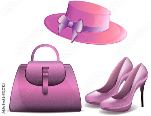 Womens shoes and hat vintage handbag purse accessories vector white background
Patent fashion leather shoes for women and a summer hat with bow and pearls
Clip isolated on white background