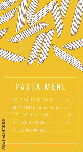Pasta menu vector design. Scattered penne pasta elements 